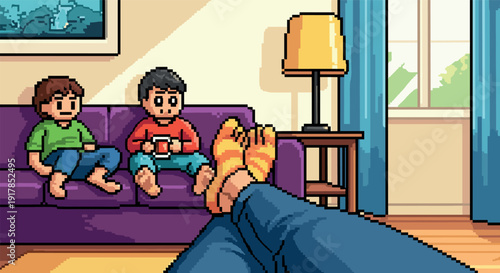 Relaxed living room scene with pixel art style and kids playing on couch