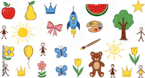 Large set of hand-drawn childhood doodles with rocket, teddy bear, and crowns in flat vector style,