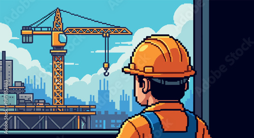 Worker observing construction site with tower crane in pixel art style