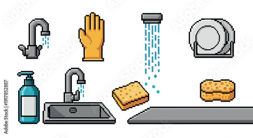 Pixel art kitchen essentials: faucets, sponges, and cleaning supplies