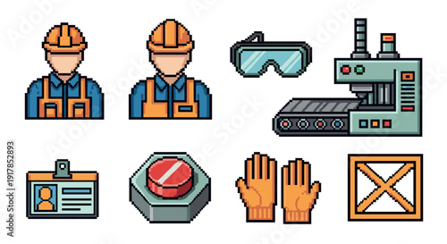 Pixel art construction icons: workers, gear, and machinery collection