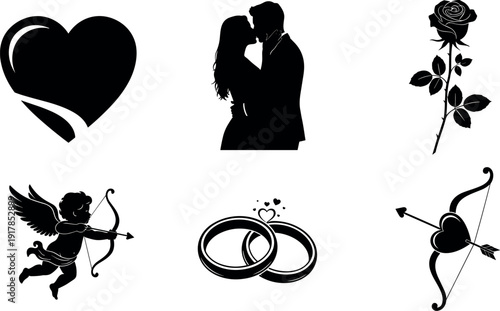 Romantic valentine silhouettes set with heart couple kissing rose flower cupid archer wedding rings and love arrow isolated on white
