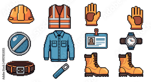Pixel art construction worker equipment icons set in retro style