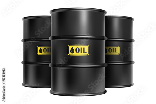 Three realistic black oil barrels with yellow labels stacked, industrial energy source isolated on transparent background, png