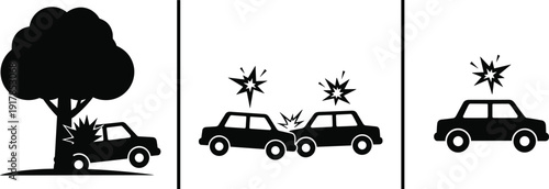 Car Accident Icon Set Showing Collision with Tree, Vehicle Crash, and Impact Explosion Symbols in Black Silhouette Isolated on White Background for Safety Concepts