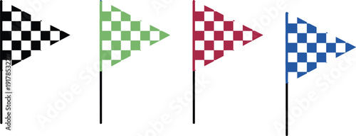 Checkered racing flags set illustration with black green red blue pennants isolated on white background for motorsport competition finish line design vector