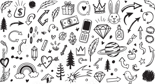 Playful arrangement of doodles featuring objects, symbols, and shapes with striking contrast on a plain white canvas from a top-down view