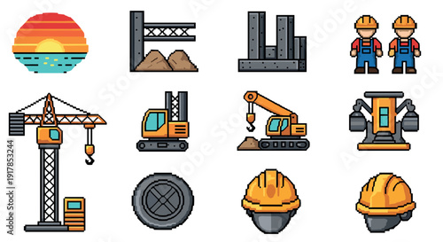 Pixel construction icons: builders, equipment, and hard hats in retro style