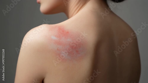 Close up shot of a young woman's bare shoulder displaying a large, inflamed patch of red skin rash, possibly eczema or allergic reaction, against a muted gray studio