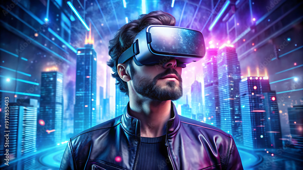 custom made wallpaper toronto digitalMan in a sleek black leather jacket wearing a VR headset, immersed in a vibrant futuristic cityscape with neon skyscrapers and digital light streams, representing advanced gaming and virtual experienc