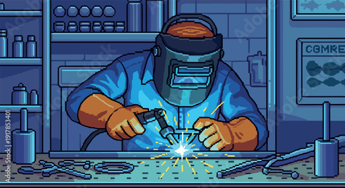 Pixel art welder in workshop creating metal sparks with welding torch