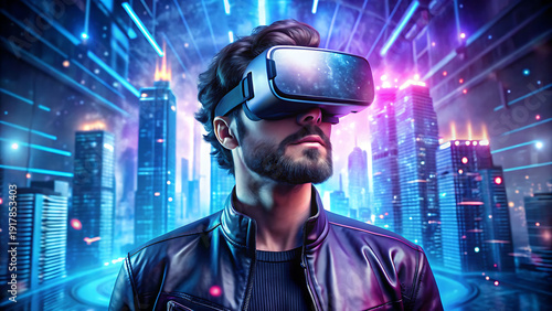Wallpaper Mural Man in a sleek black leather jacket wearing a VR headset, immersed in a vibrant futuristic cityscape with neon skyscrapers and digital light streams, representing advanced gaming and virtual experienc Torontodigital.ca