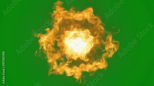 Intense spherical burst of bright yellow and orange magical fire energy expanding outward in a dynamic, swirling motion against a solid chroma key green screen