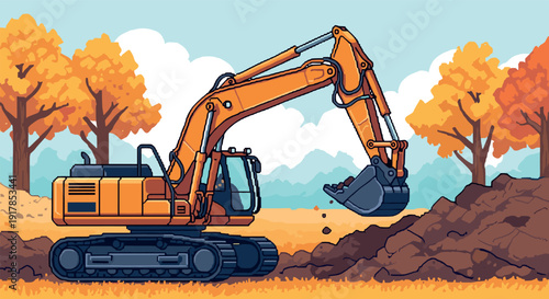 Retro pixel art construction scene featuring an excavator in autumn landscape