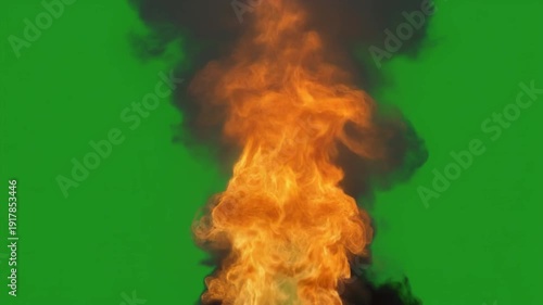 Realistic vertical orange and yellow fireball explosion rising powerfully upwards in a stylized, dramatic simulation against a vibrant chroma key green screen