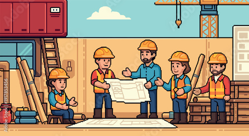 Team of engineers discussing construction plans at building site in pixel art style