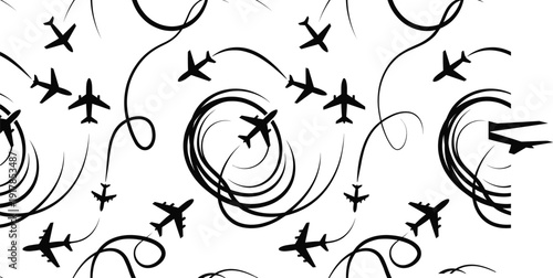 Airplane silhouettes with dynamic flight paths and swirl trails seamless pattern, black aviation illustration isolated on white background for travel and transportation design