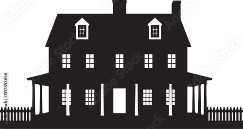 Colonial style two story house with porch and picket fence silhouette for real estate