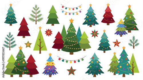 Christmas trees and decorations in various colors and styles on white background