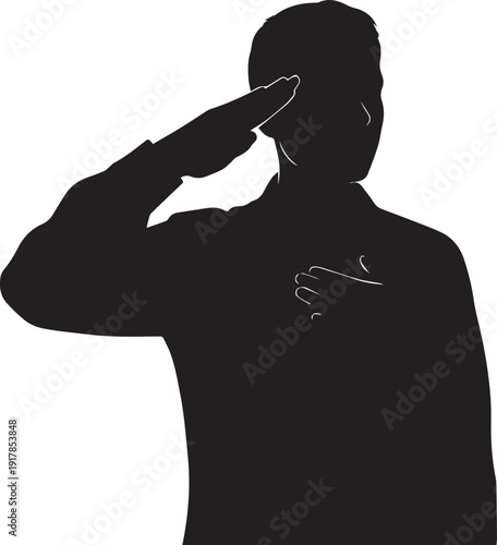Man saluting and holding hand over heart vector silhouette illustration line art patriotic