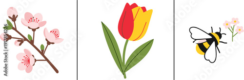 Springtime icons featuring cherry blossoms, a tulip, and a bee with small flowers