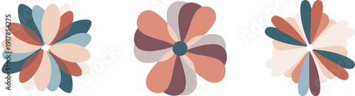Three abstract floral shapes with overlapping petals in a muted color palette