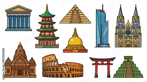 colorful illustrations of famous landmarks from around the world in various architectural styles