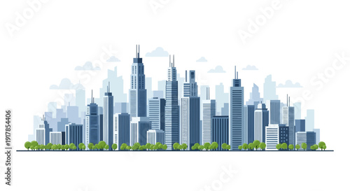 Cityscape illustration featuring modern skyscrapers and trees viewed from a distance with a clean and simple design