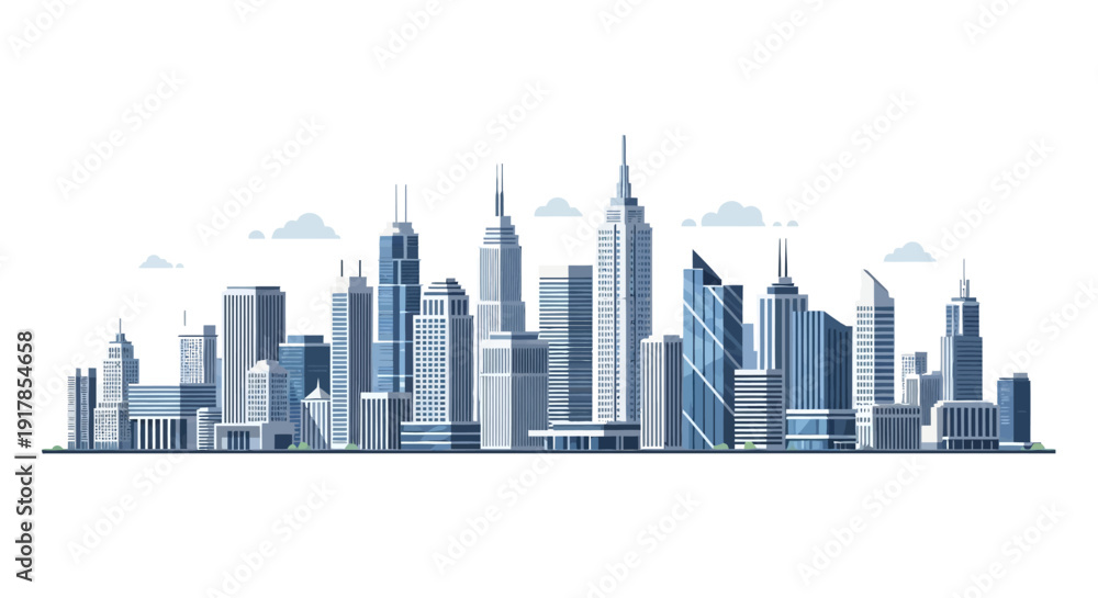 Obraz premium Cityscape illustration with modern skyscrapers and urban landscape viewed from a distance with blue hues