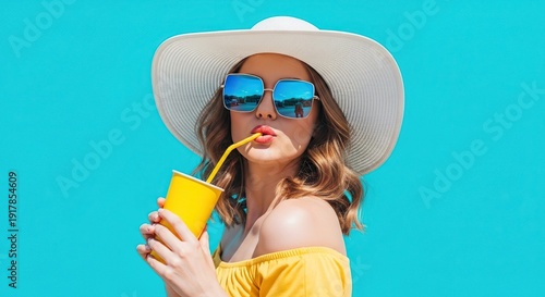 A woman enjoying a refreshing drink on a sunny day with a stylish hat and sunglasses