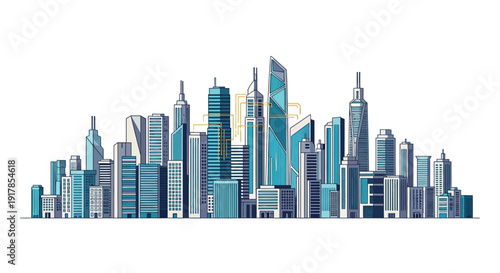 Modern cityscape illustration featuring prominent skyscrapers and urban architecture from a frontal viewpoint