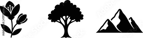 Simple black icons of a flower, tree, and mountains on a white background