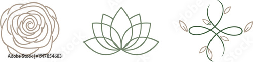 Elegant line art logos featuring a rose, lotus flower, and abstract botanical design