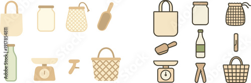 Various kitchen tools and storage containers are arranged neatly. Items include a reusable bag, jars, a scale, and a woven basket, promoting sustainable cooking practices.