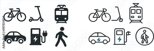 Various forms of transportation are displayed, featuring a bicycle, electric scooter, tram, electric car with charging station, and a pedestrian walking. This highlights urban mobility options.