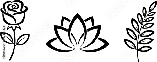 Minimalist black line art of a rose, lotus flower, and fern frond on white background
