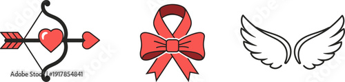 Cupid's bow and arrow, red ribbon, and angel wings icons for Valentine's Day celebrations