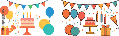 Vibrant decorations such as balloons, confetti, and a beautifully frosted cake with candles set a joyful scene for a birthday party, inviting guests to celebrate.