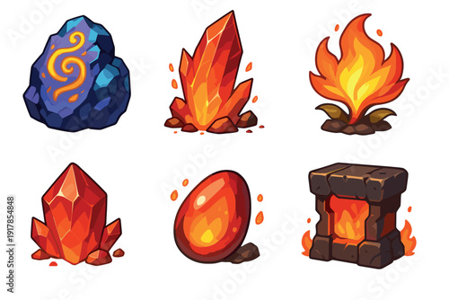 Detailed view of colorful crystals, flames, and stone elements in a fictional game setting with magical motifs and bright colors