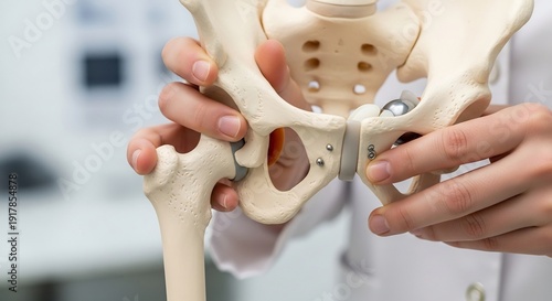 Closeup of a doctor demonstrating a hip joint prosthesis model.