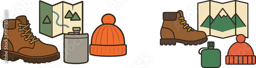 Hiking essentials include sturdy boots, a warm beanie, a map for navigation, and a flask for hydration. These items are perfect for outdoor exploration.