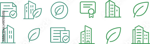 Various icons illustrate the themes of sustainability and eco-friendliness within an office setting, focusing on buildings, leaves, and verification symbols.