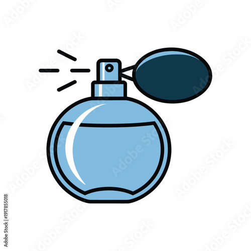 A light blue glass perfume bottle with a dark blue bulb sprayer is shown