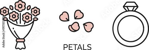 Wedding icons: bouquet of flowers, scattered petals, and engagement ring on white background
