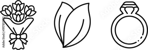 Simple line art icons of a bouquet, leaves, and a diamond ring on a white background