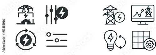 Four icons represent different aspects of energy, including electrical systems, controls, renewable sources, and sustainable practices, emphasizing innovation in technology.