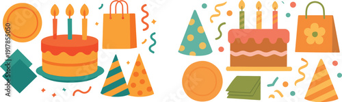 Brightly colored birthday cake with three candles sits alongside festive party hats and decorative items, perfect for a lively birthday celebration.