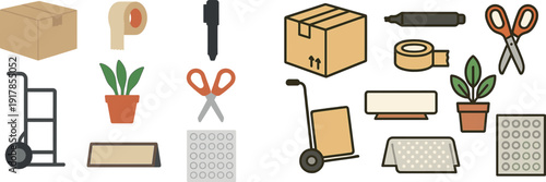 Packing supplies including a box, tape, scissors, a plant, a dolly, and labels are organized neatly on a workspace table in a bright environment.