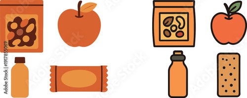 Various healthy snacks displayed include a package of mixed nuts, a shiny apple, a small bottle of juice, and a cereal bar. The emphasis is on nutritious choices.