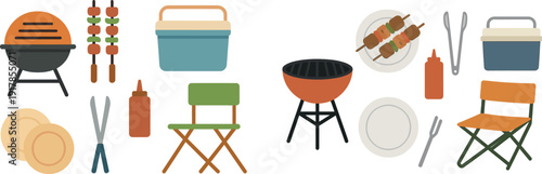 Gathering items for a summer barbecue includes a grill, skewers ready for grilling, a cooler, condiments, plates, and seating in a sunny outdoor setting.